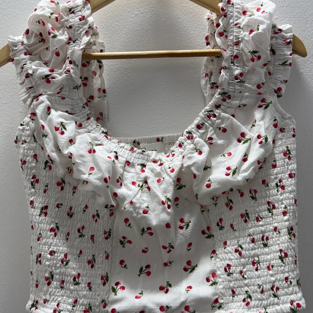 Cherry Print Ruffled White Top